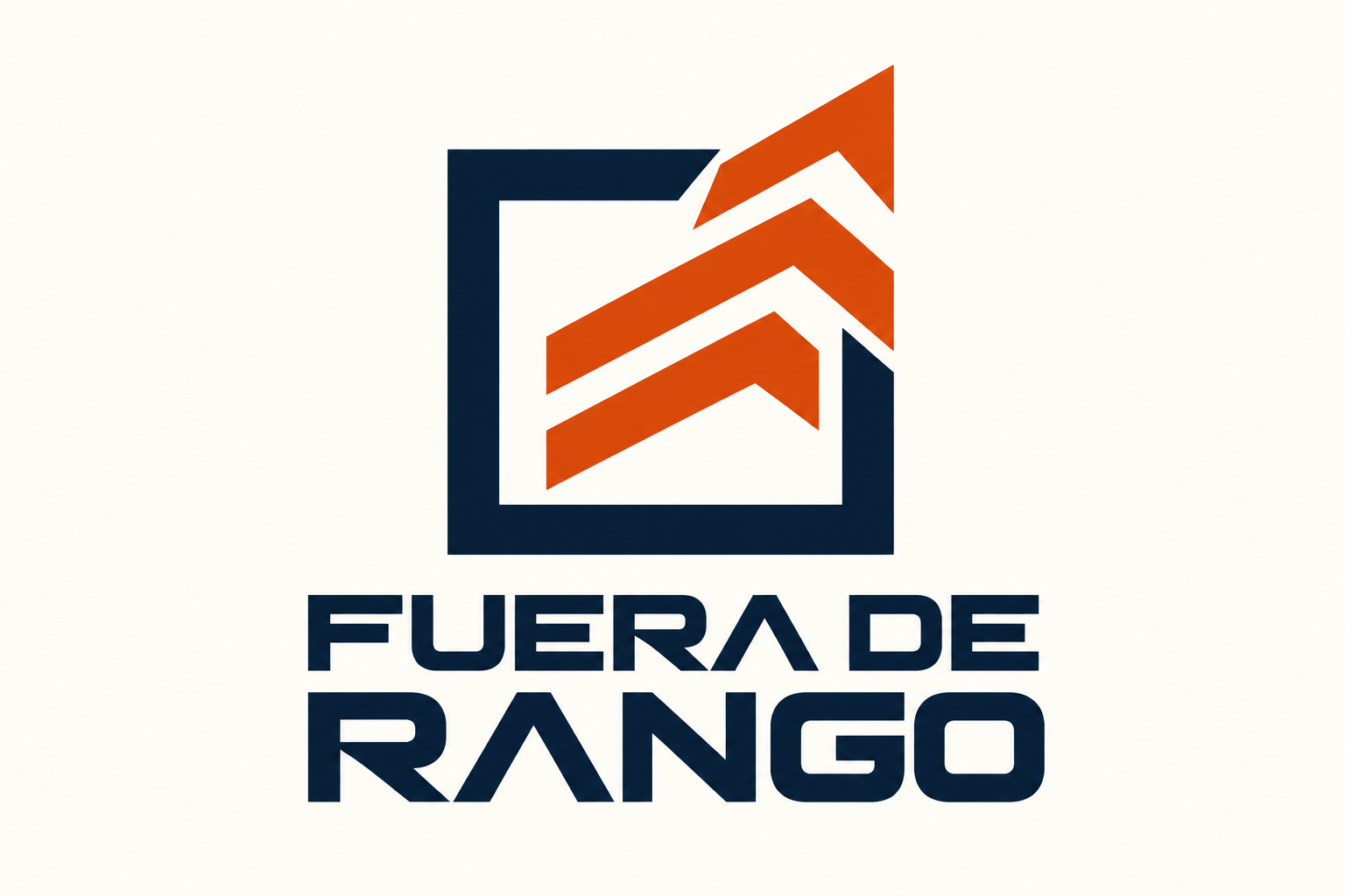 Logo de Fuera de Rango: tres flechas naranjas salen de un marco azul oscuro.